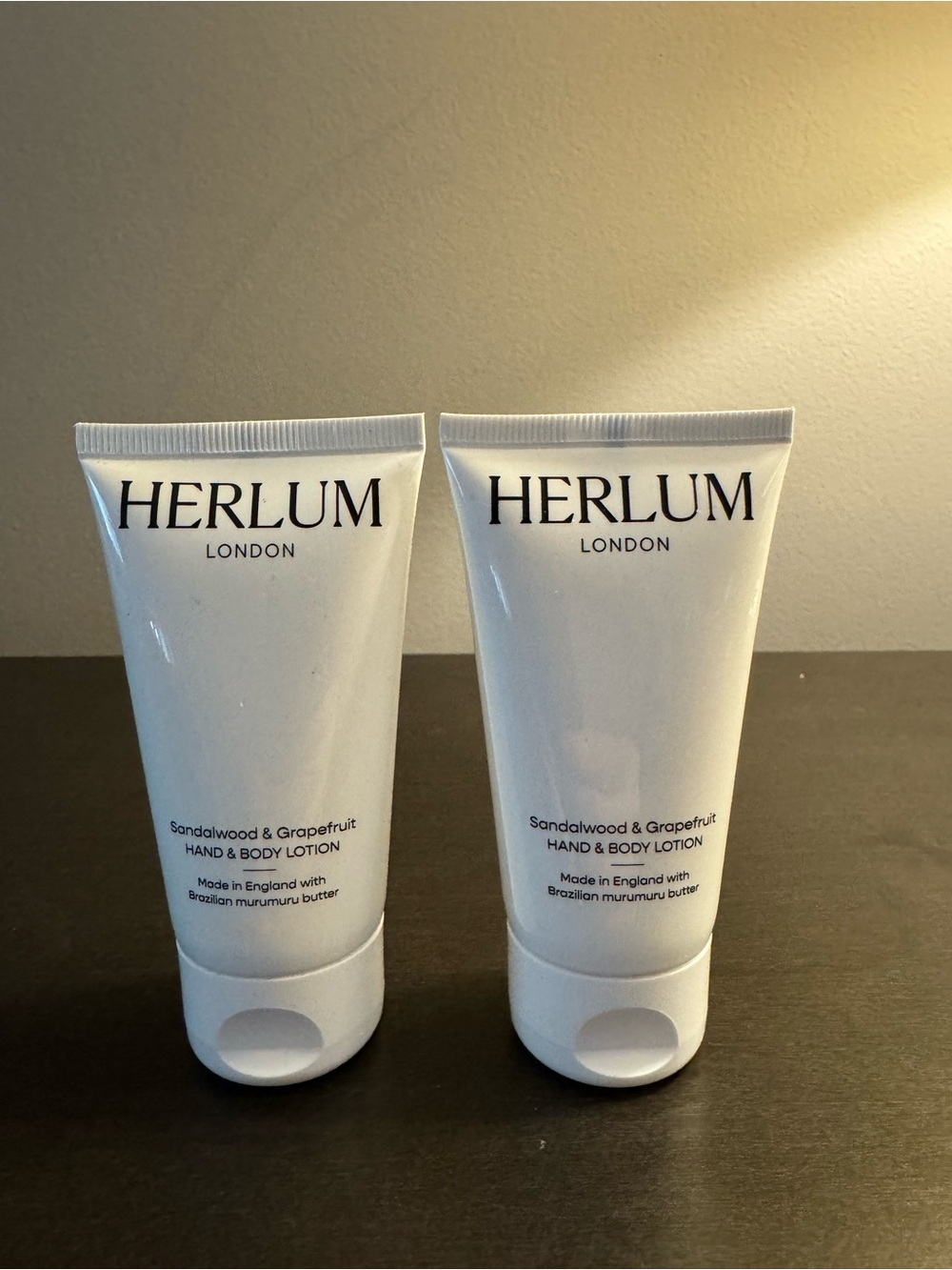 Herlum Hand & Body Lotion Sandalwood & Grapefruit 1.69 oz 50 ml Travel Size X2